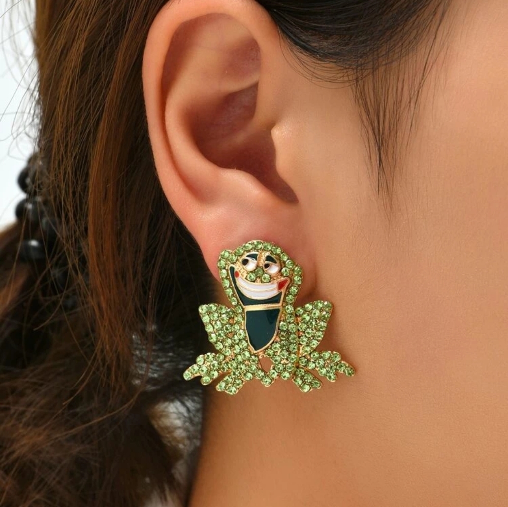 "Hopper" frog rhinestone character  earrings, green